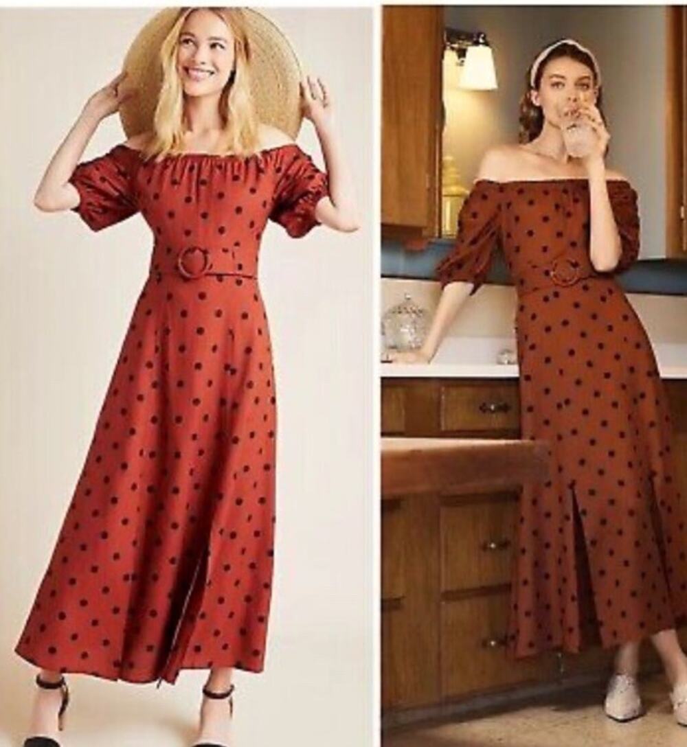 Anthro Maeve Lucienne Dress Polka Dot Maxi Novelty Quirky Pinup Brown Size 4